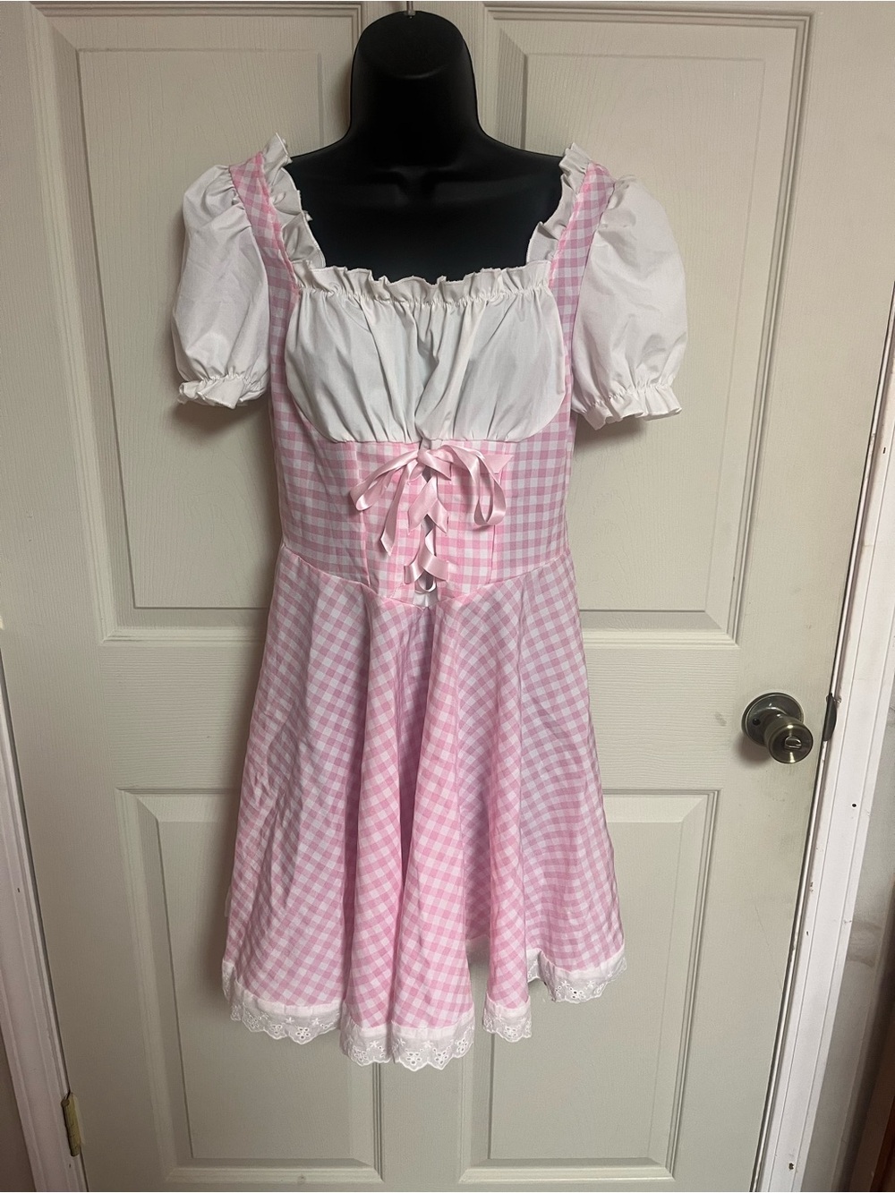 Pink Gingham Peasant Tunic Dress with Puff Sleeves NWT